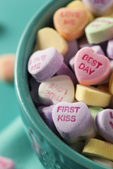 Fototapeta na wymiar Candy Conversation Hearts for Valentine's Day