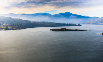 Columbia River near Wishram with Mt Hood at cloudy sunset