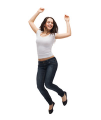 teenage girl in white blank t-shirt jumping