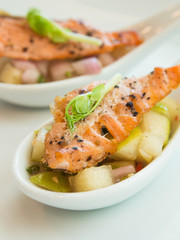Grill salmon and thai herb salad serve on spoon