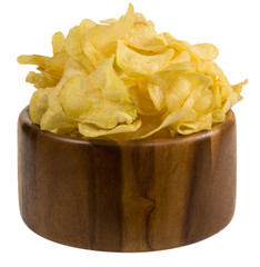potato chips in a wooden bowl isolated on white background