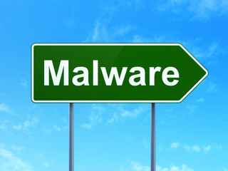Safety concept: Malware on road sign background
