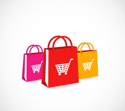 Three colorful paper shopping bags with basket icon VECTOR