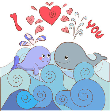 Lovers whales on a card for Valentine's day