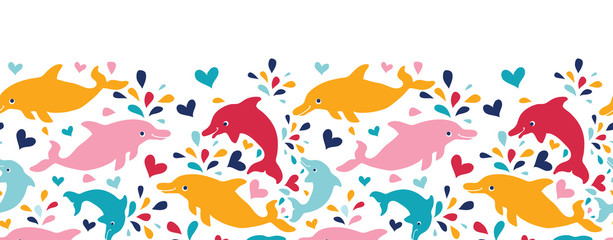 Fototapeta na wymiar vector fun colorful dolphins horizontal seamless pattern