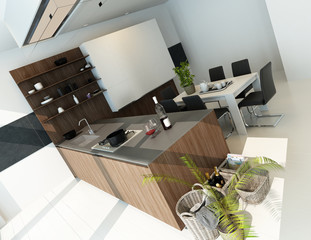 Luxury white kitchen interior with wooden furniture