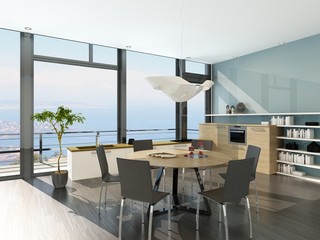 Luxury white kitchen interior with wooden furniture