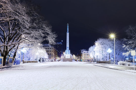 Freedom Monument In Riga At Winter Night