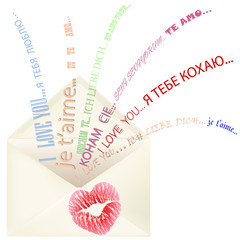 Lips print on the envelope with I love you message multilingual