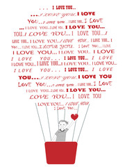 Boy flying in I love you hot air baloon