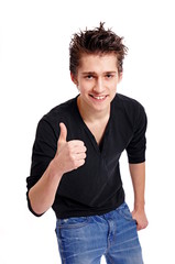 Young man in black shirt shows you finger up