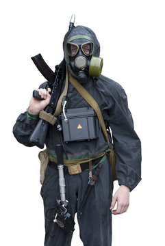 Sailor  marine  in chemical  protective  suit  with  a  gun  in
