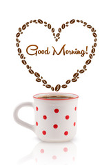 Coffee mug with coffee beans shaped heart with good morning sign