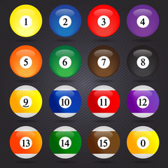 Colored Pool Balls. Numbers 1 to 15 and zero ball