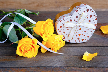 bouquet of roses and a gift, valentine's day