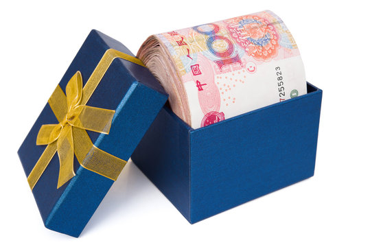 Big Stack Of RMB In A Blue Present Box With Clipping Path