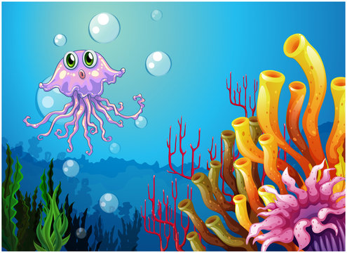 An octopus and the coral reefs under the sea