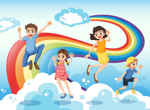 A happy family near the rainbow