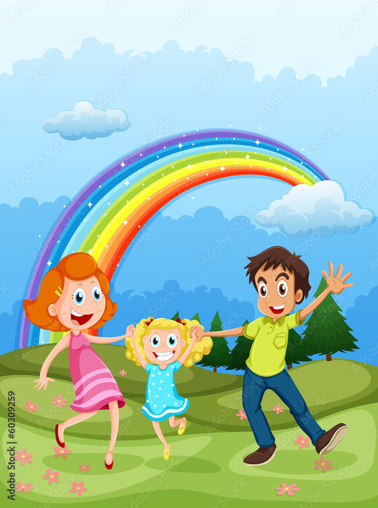 Poster a family at the hilltop and a rainbow in the sky