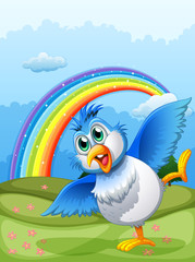 Obraz na płótnie Canvas A cute bird at the hilltop with a rainbow in the sky