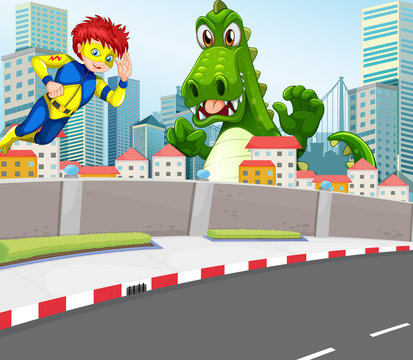 A superhero and a crocodile in the city