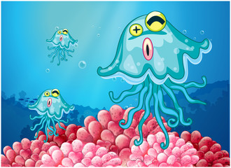 Naklejka na ściany i meble Jellyfishes and corals under the sea