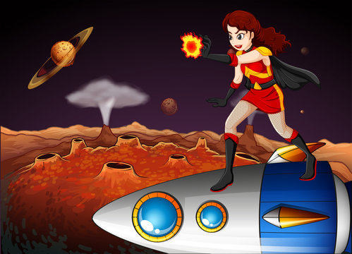 A female superhero at the galaxy standing above the spaceship