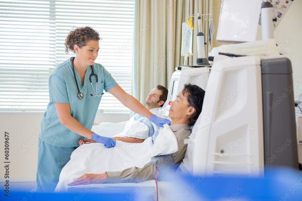 Wall mural nurse assisting patient undergoing renal dialysis