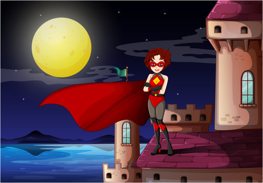 A superhero standing above the castle