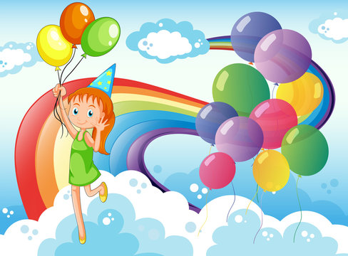 A young girl at the sky with balloons and rainbow