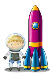 An astronaut beside a rocket