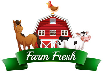 Farm animals, a barnhouse and a signboard