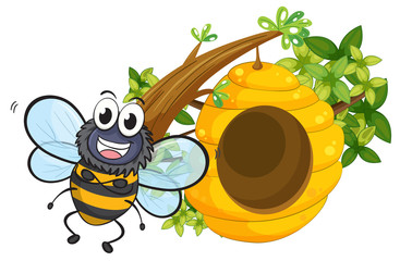 A smiling bee beside its beehive