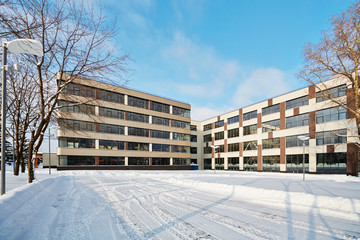 Modern office building on bright winter day