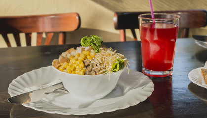 salad with cheese, mushrooms and corn