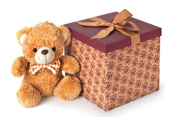 Teddy bear with gift on white background