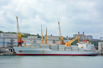 Naklejka premium Container stack and ship under crane bridge