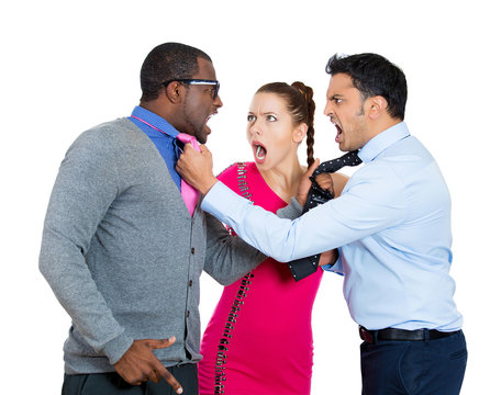 Two young angry Guys fighting over a Girl white background 