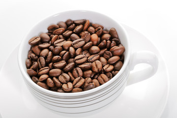 A cup full of coffee beans on a white background