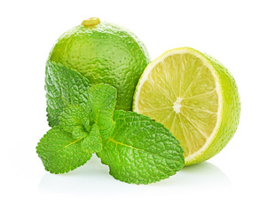 Limes and mint isolated on white background