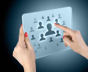 woman hand pressing modern social buttons