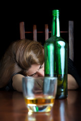 Asleep drunk alcoholic woman