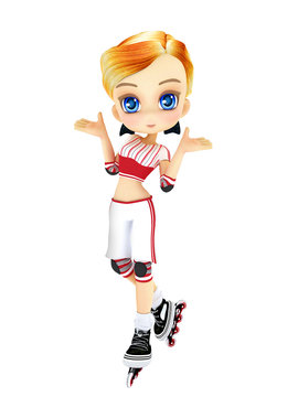 Cute female toon with skates posing on a white background.