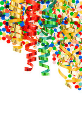 colorful confetti with shiny streamer over white