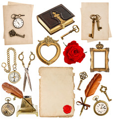 antique clock, key, photo album, feather pen, inkwell, compass