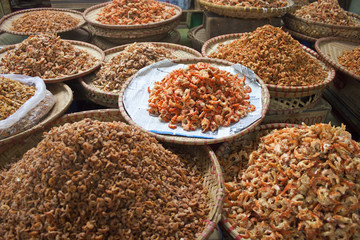 Dried shrimps at market in Hanoi, Vietnam