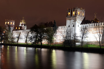 Beautiful night view of Russian orthodox churches in Novodevichy