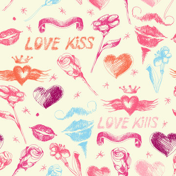 Seamless bright doodle pattern with Valentine day symbols