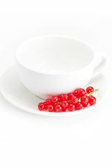 branch of red currants and a cup with a plate isolated on white