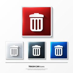 Set of glossy vector icons on button with trash can.